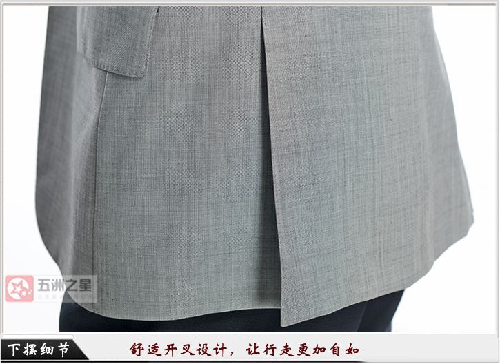 淺灰色單?？勰锌盥殬I(yè)工作服定做下擺細(xì)節(jié)圖